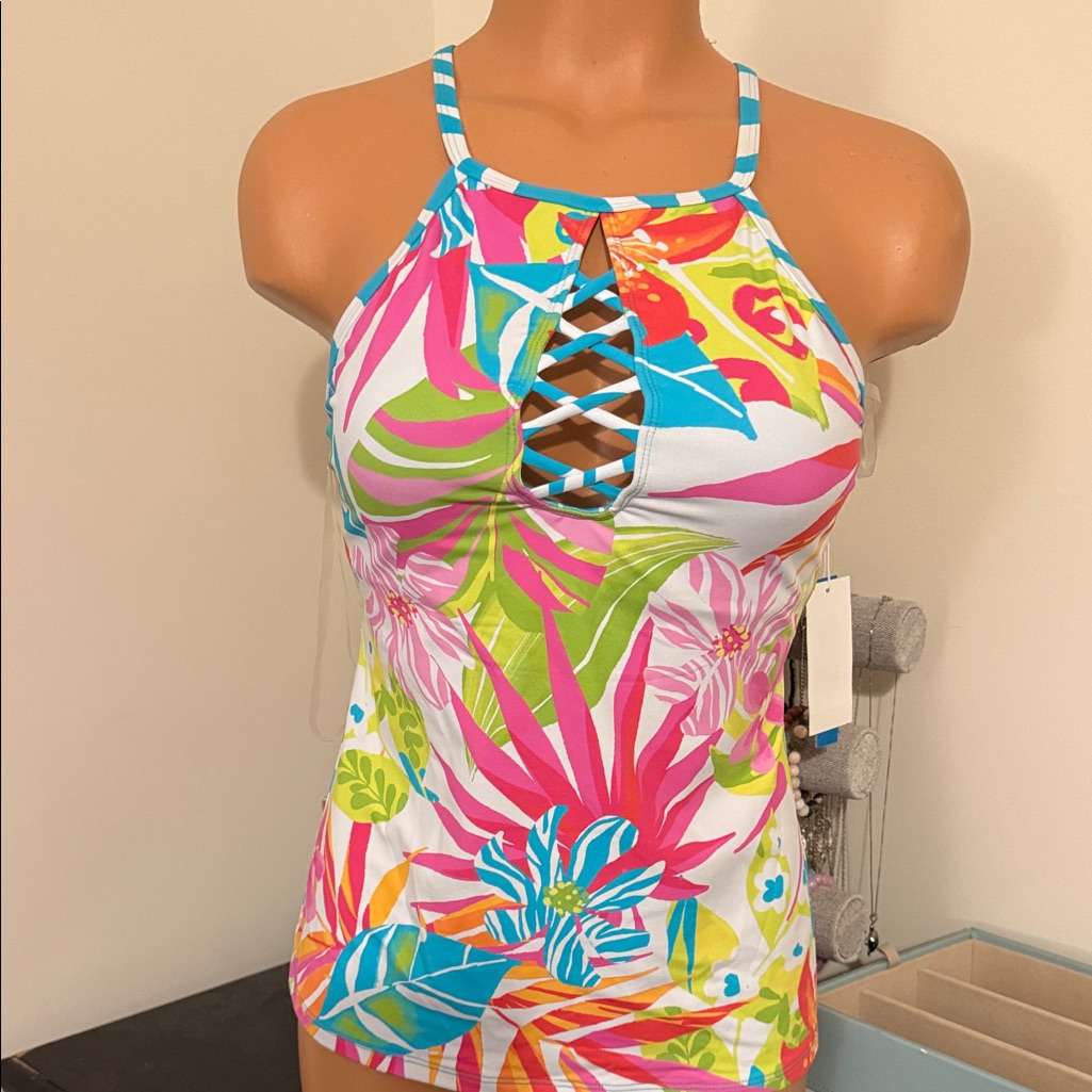 Bleu Rod Beattie Size 6 Colorful Tropical Print Tankini Hi Neck With Weaving